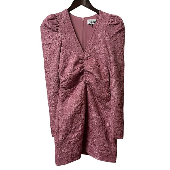 GANNI Stretch Jacquard V Neck Mini Dress in Orchid Smoke Pink Size 34 2 - Picture 5 of 15